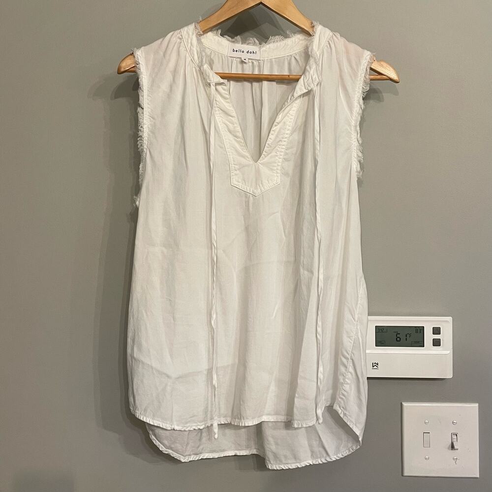 Bella Dahl Top Frayed Pullover White Chambray Drawstring VNeck Medium Lyocell